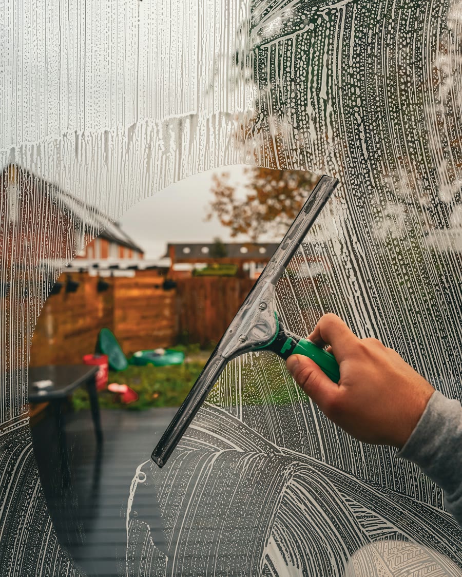 Caring for tinted windows: soapy glass being cleared with a soft rubber squeegee