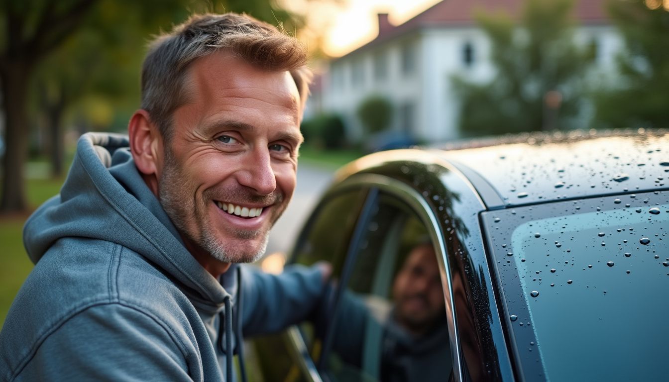 A man in his 40s smiles next to his gleaming car, showcasing the effectiveness of the ceramic coating. A man in his 40s smiles next to his gleaming car, showcasing the effectiveness of the ceramic coating.