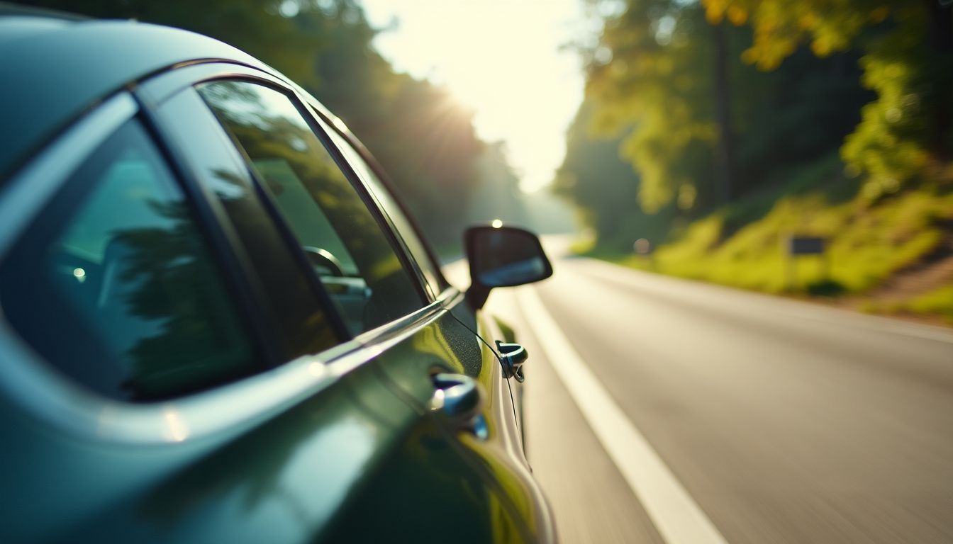 A car with tinted windows driving on a clear road, highlighting its efficient air conditioning system for reduced carbon emissions. A car with tinted windows driving on a clear road, highlighting its efficient air conditioning system for reduced carbon emissions.