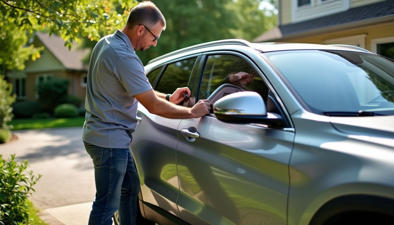 A car parked in a residential driveway is getting eco-friendly window tint applied for UV protection and interior cooling. A car parked in a residential driveway is getting eco-friendly window tint applied for UV protection and interior cooling.