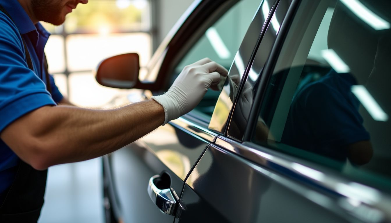 A close-up photo shows a car window tinting process in a Perth garage promoting eco-friendly service. A close-up photo shows a car window tinting process in a Perth garage promoting eco-friendly service.