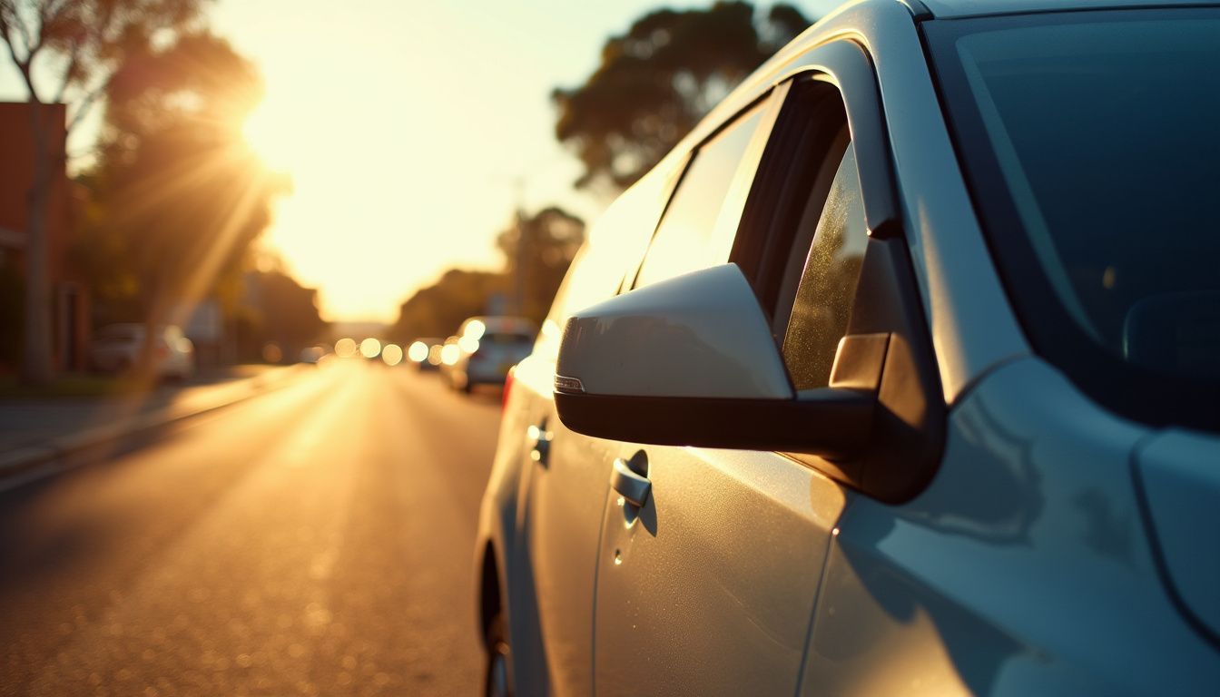 A parked car on hot asphalt under the bright Perth sun highlights the environmental impact of vehicle usage. A parked car on hot asphalt under the bright Perth sun highlights the environmental impact of vehicle usage.
