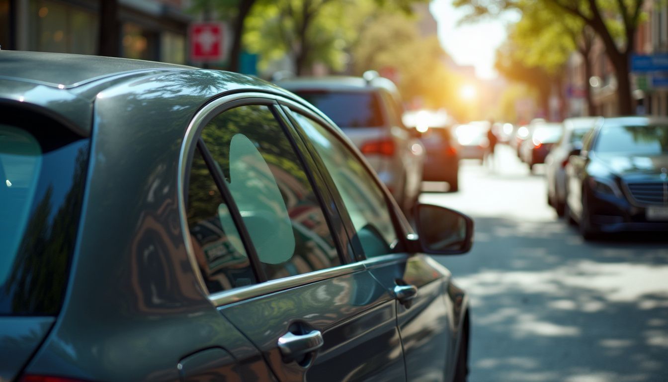 A dark sedan with tinted windows parked on a busy city street on a sunny day. A dark sedan with tinted windows parked on a busy city street on a sunny day.