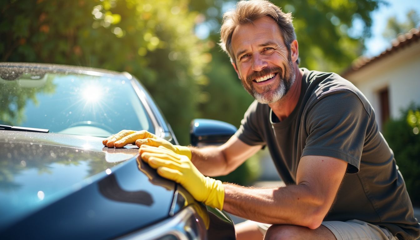 A middle-aged man happily cleans his shiny car in the driveway on a sunny day. A middle-aged man happily cleans his shiny car in the driveway on a sunny day.