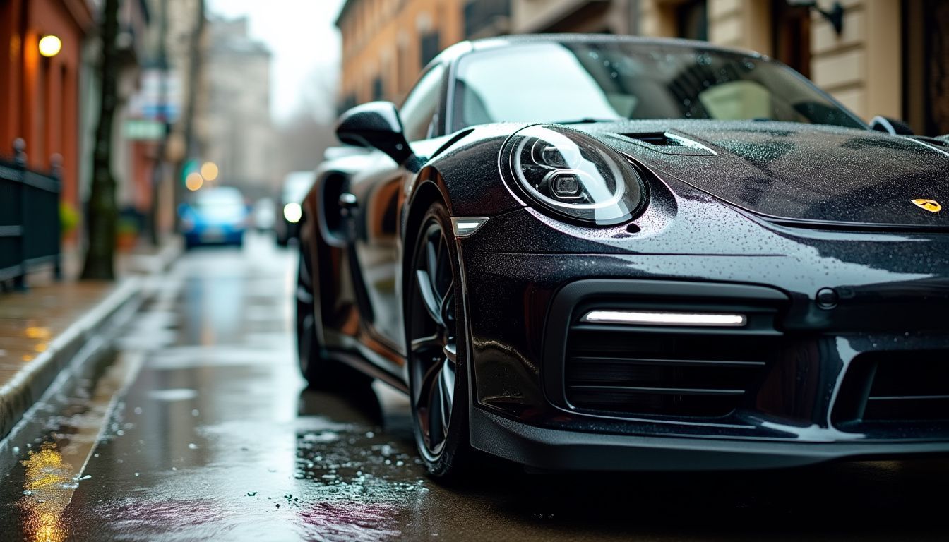 A sleek black sports car with hydrophobic properties and low maintenance benefits from ceramic coatings. A sleek black sports car with hydrophobic properties and low maintenance benefits from ceramic coatings.