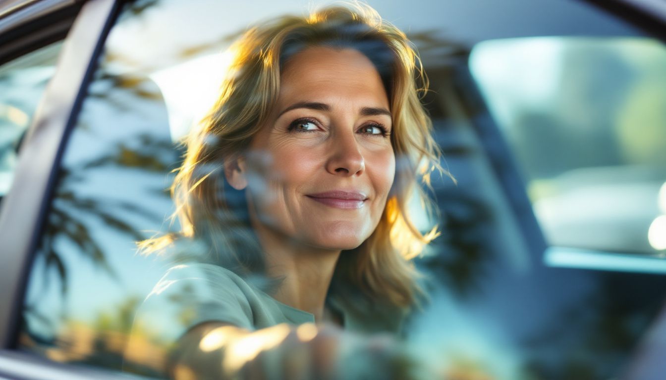 A woman sits in a car with UV Shield Ceramic window tint, enjoying softened sunlight and clear view. A woman sits in a car with UV Shield Ceramic window tint, enjoying softened sunlight and clear view.