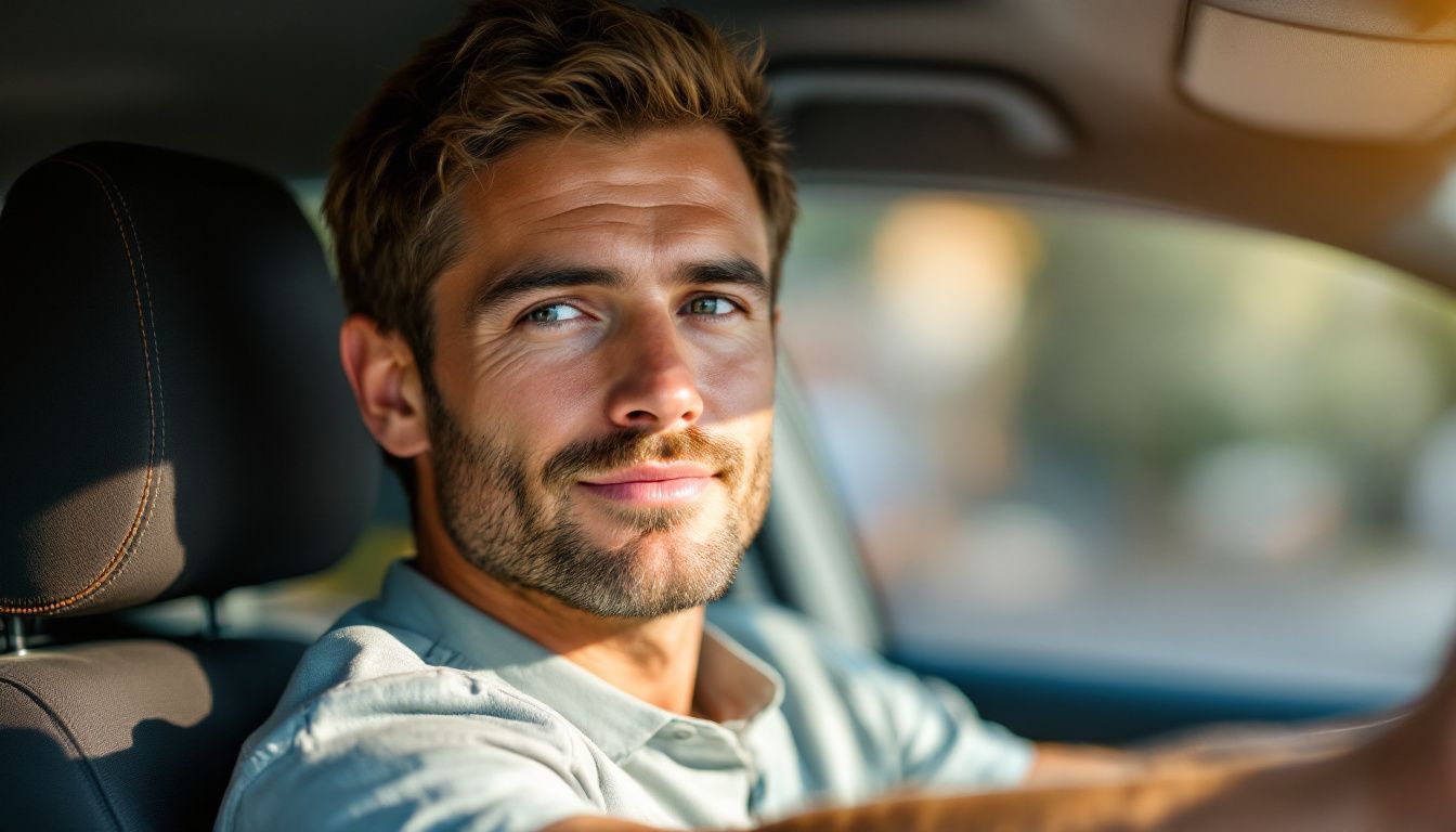 A man in his mid-30s is driving a car with effective UV-protective window tinting. A man in his mid-30s is driving a car with effective UV-protective window tinting.