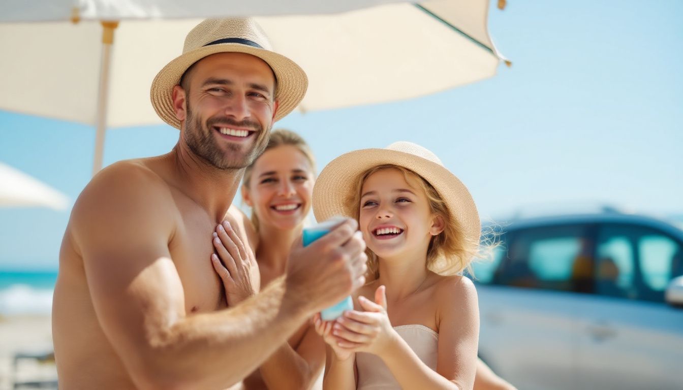 A family at the beach applying sunscreen and wearing sun hats, enjoying a sunny day under UV protective umbrellas. A family at the beach applying sunscreen and wearing sun hats, enjoying a sunny day under UV protective umbrellas.