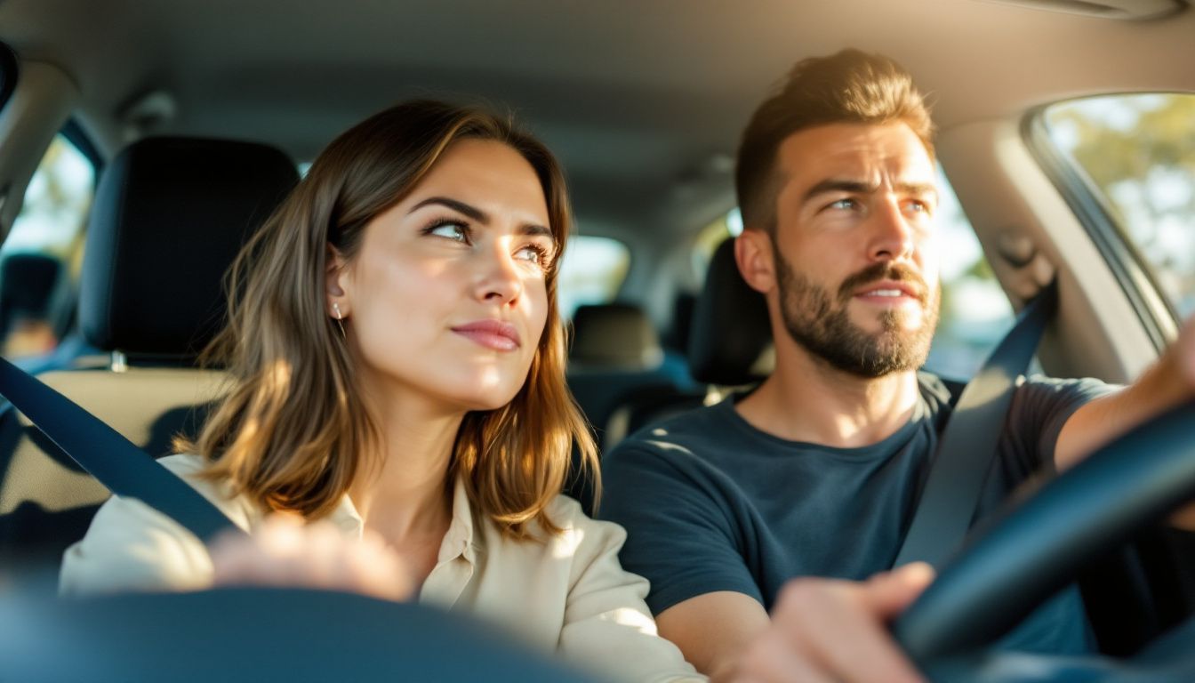 A couple in their 30s squinting in the car, facing the challenges of driving in bright morning sunlight in Perth. A couple in their 30s squinting in the car, facing the challenges of driving in bright morning sunlight in Perth.