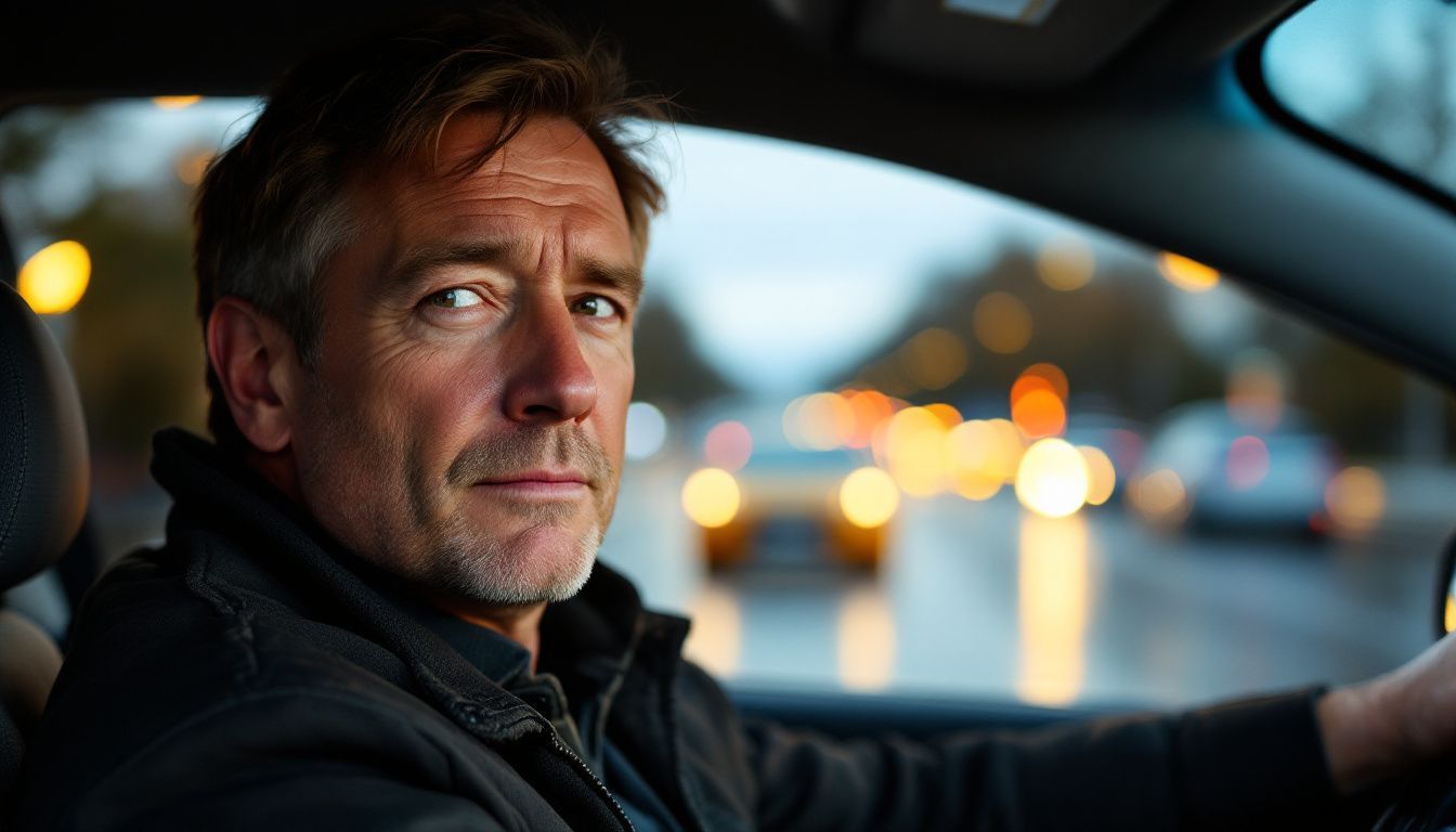 The image shows a middle-aged male driver focused on navigating the wet roads during dusk. The image shows a middle-aged male driver focused on navigating the wet roads during dusk.