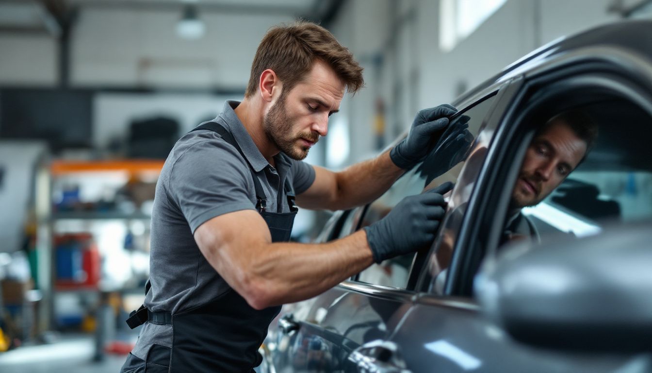 A man in his mid-30s is installing ceramic window tinting on a car window in his garage. A man in his mid-30s is installing ceramic window tinting on a car window in his garage.