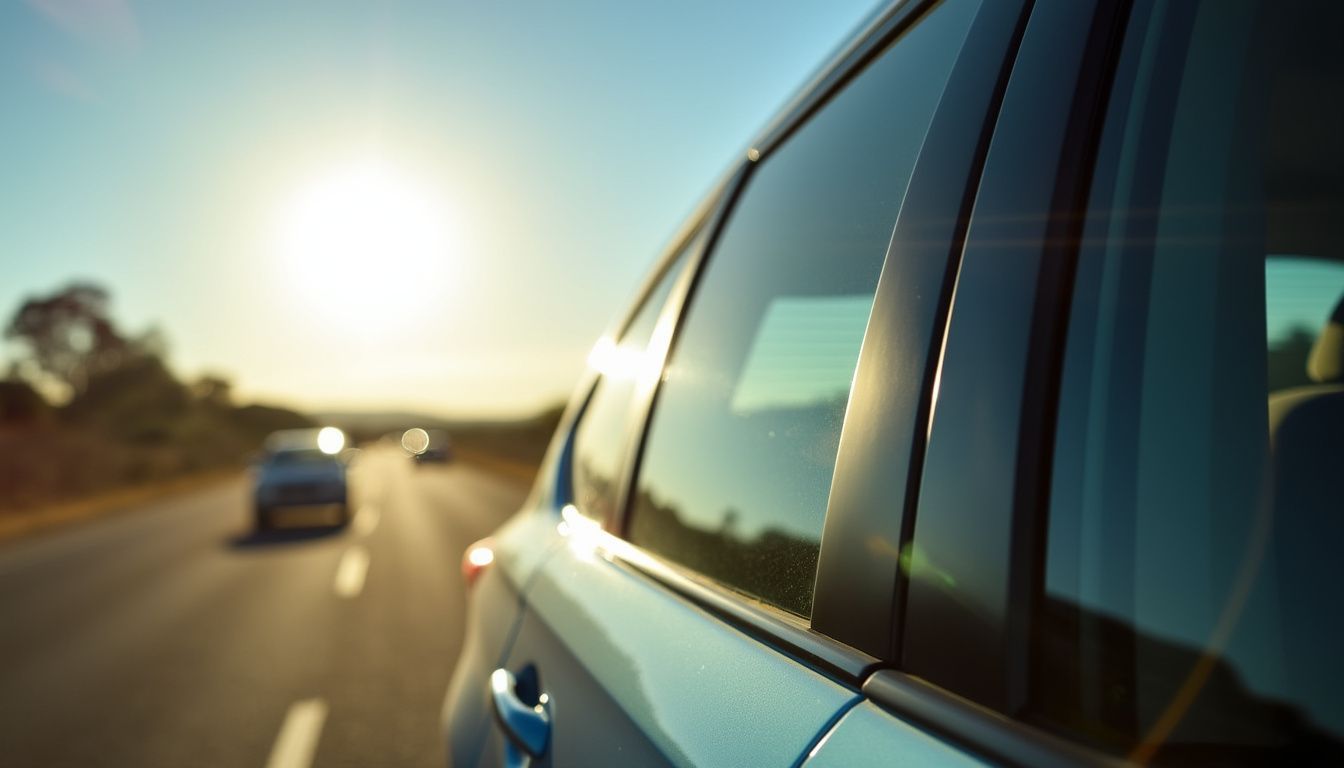 A close-up of a car window with tinted film, providing glare reduction and UV protection. A close-up of a car window with tinted film, providing glare reduction and UV protection.
