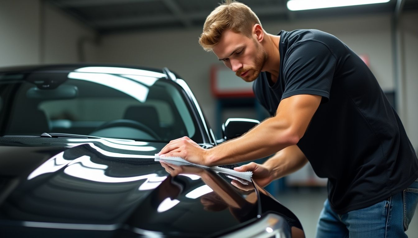 A man in his 30s is applying ceramic coating to a black car in a garage. A man in his 30s is applying ceramic coating to a black car in a garage.